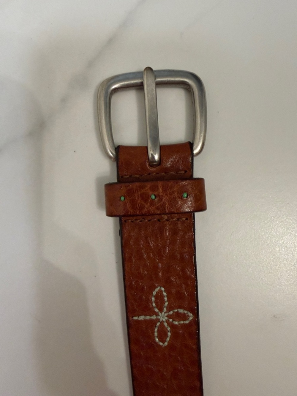 Brown Leather Belt with Embroidered Detail and Brass Buckle